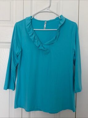 Lulu-B Teal Ruffle V-Neck Long Sleeve Top
